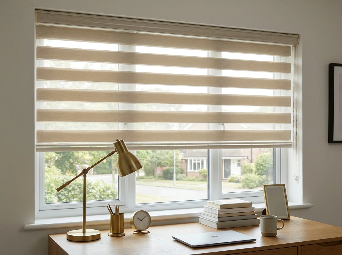 Day and night banded roller blind on a window in a Bellville home office