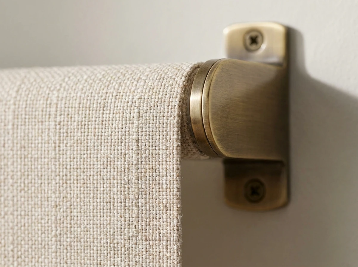 Close-up of roller blind fabric texture and a brass-toned headrail bracket, specified for a Bellville home