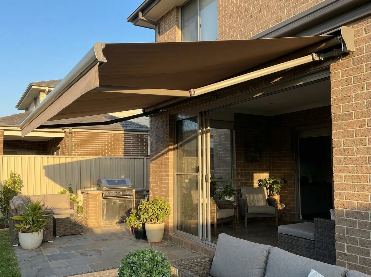 Folding-arm awning extended over an entertaining patio in a Bellville home