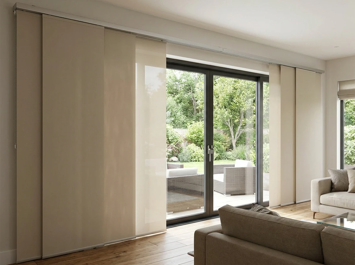 Vertical panel blinds on wide sliding patio doors in a Bellville home