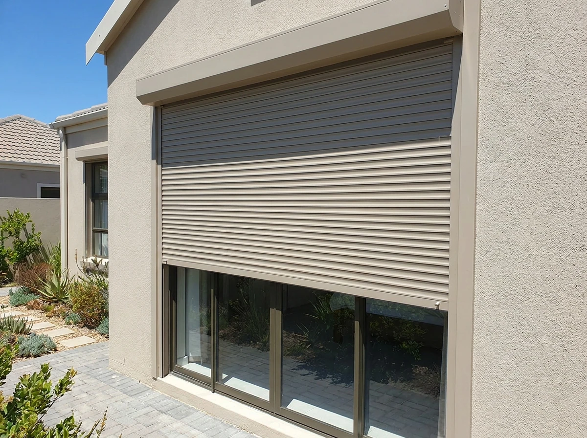 Aluminium roller shutter partially lowered on the exterior of a Bellville home for sun control