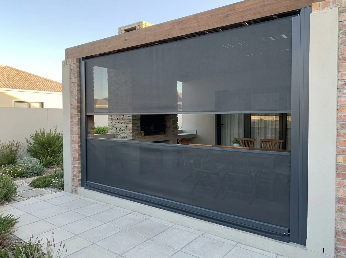 Zip-track outdoor screen enclosing a braai patio in a Bellville home